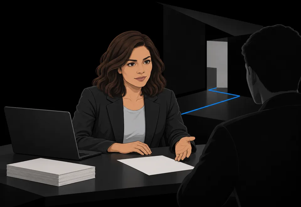 Illustrated practice owner discussing a file and the next step at a shared desk.