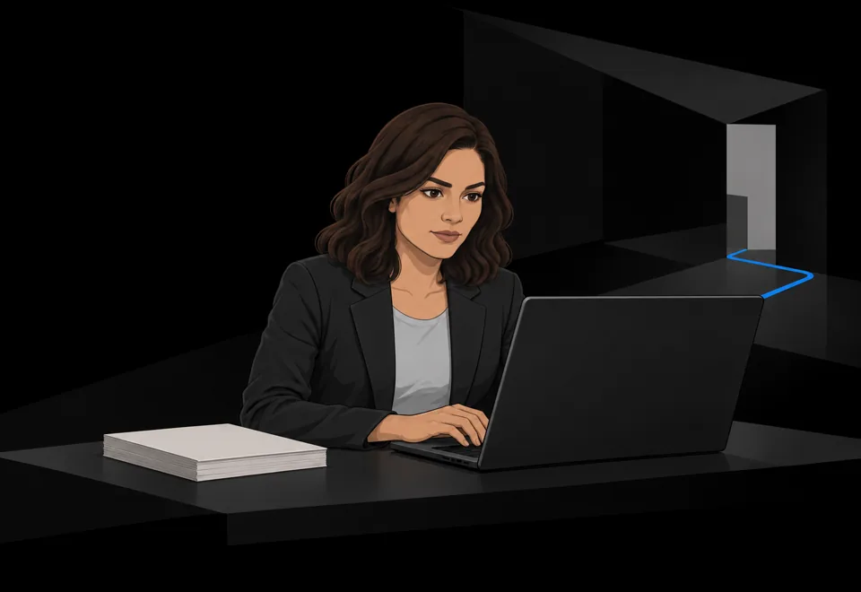 Illustrated business owner working at a laptop among cutaway work planes.