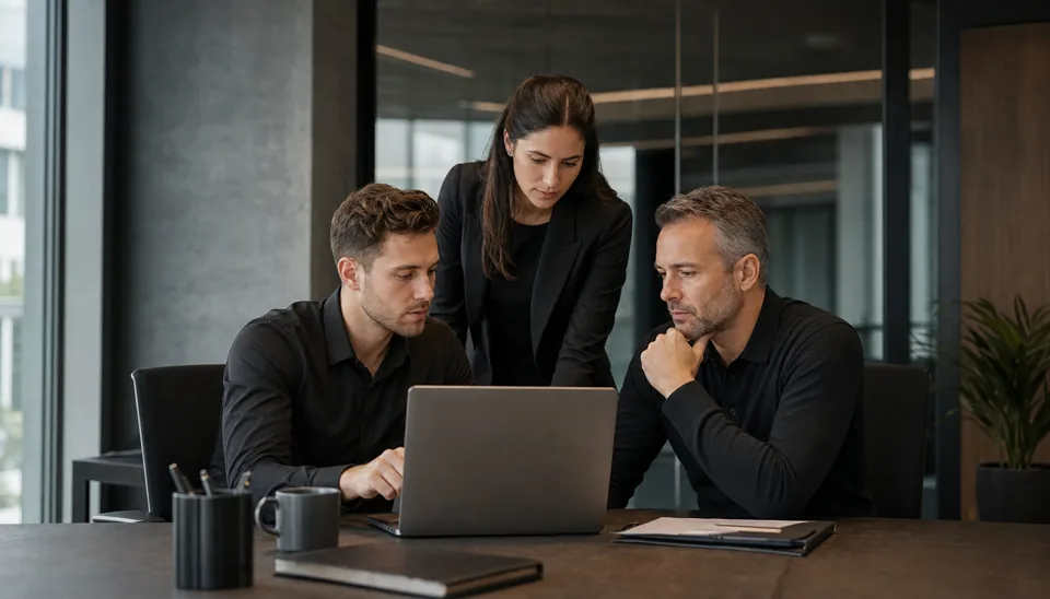Three colleagues reviewing work together around a laptop.
