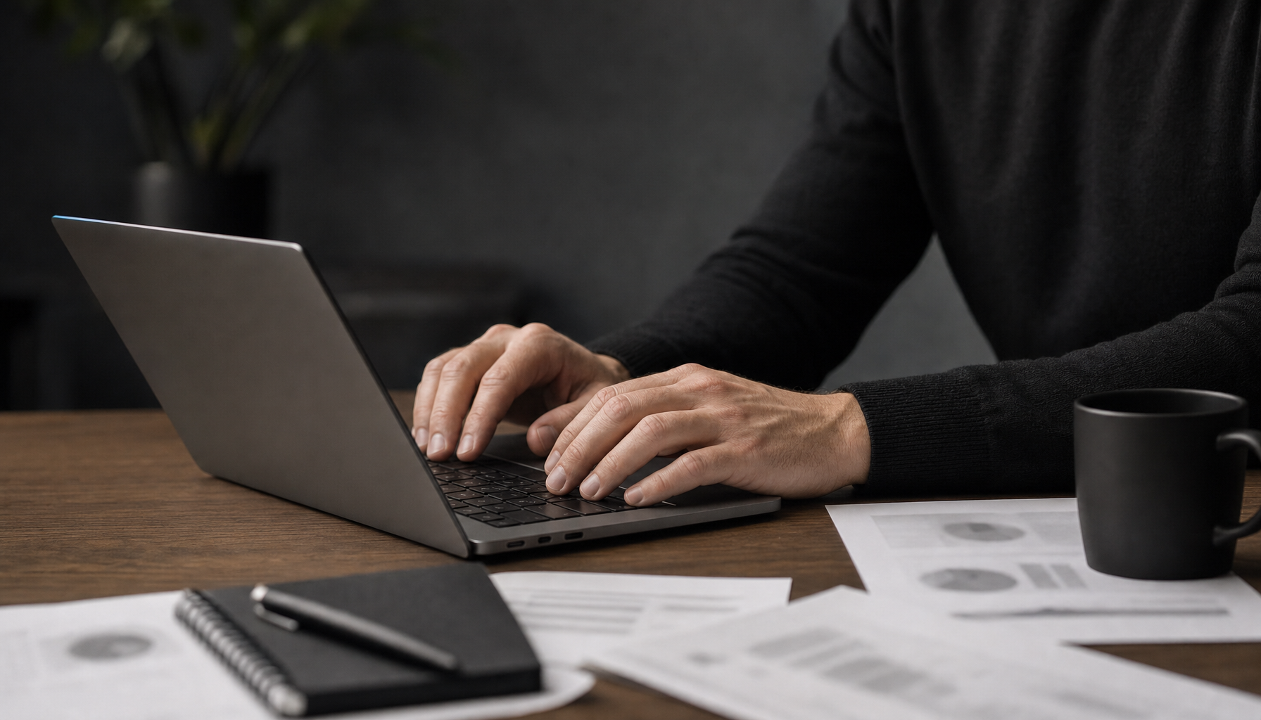 Hands using a laptop beside unreadable printed charts.