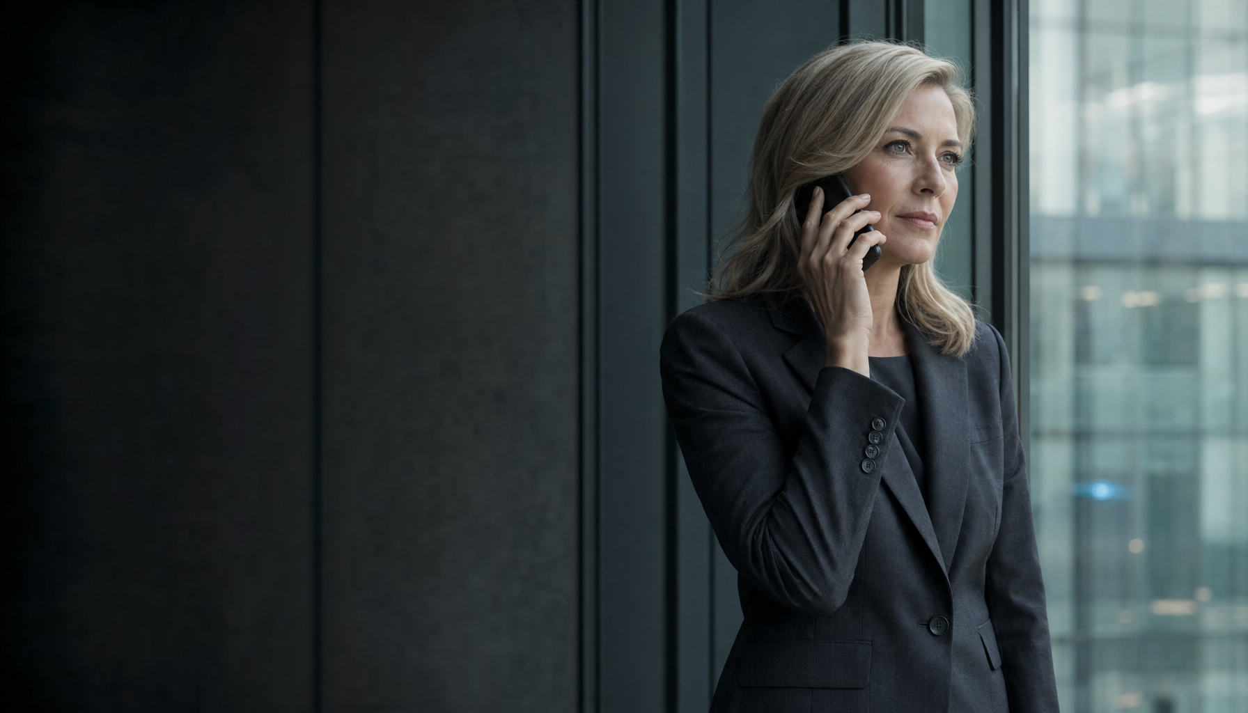 Professional taking a support call beside an office window.
